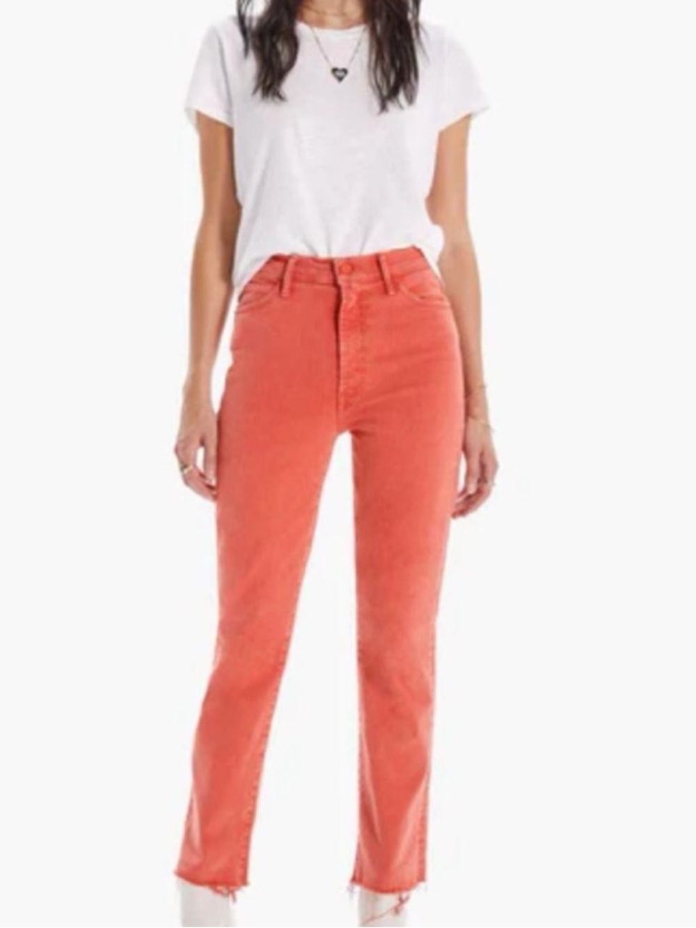 MOTHER High Rise Straight Jeans in Coral Orange